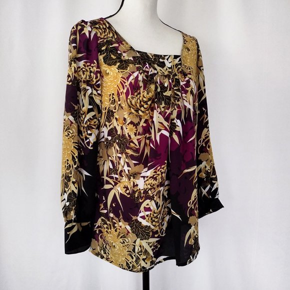 Tahari Purple and Gold Floral Print Oversized Fit Blouse Size M / L - Picture 3 of 11